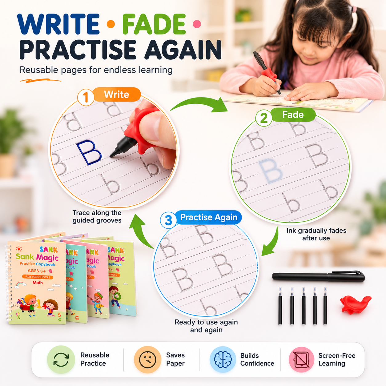 Kids Learning Experience Gift Kit – Reusable Magic Practice Copybook with Pens, Progress Chart & Reward Stickers
