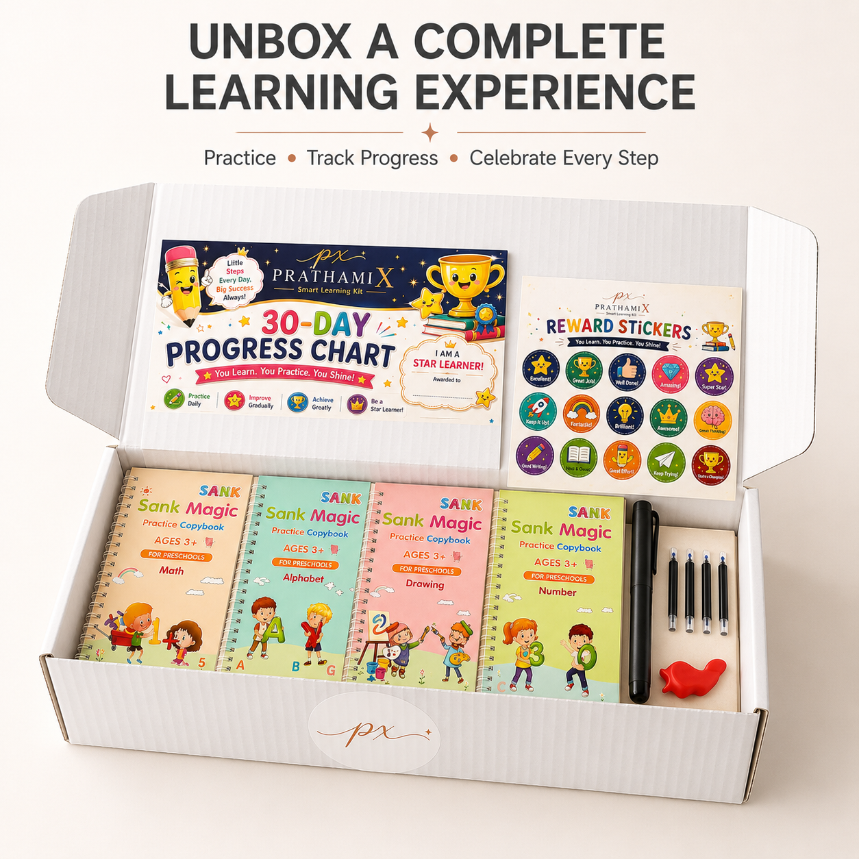 Kids Learning Experience Gift Kit – Reusable Magic Practice Copybook with Pens, Progress Chart & Reward Stickers