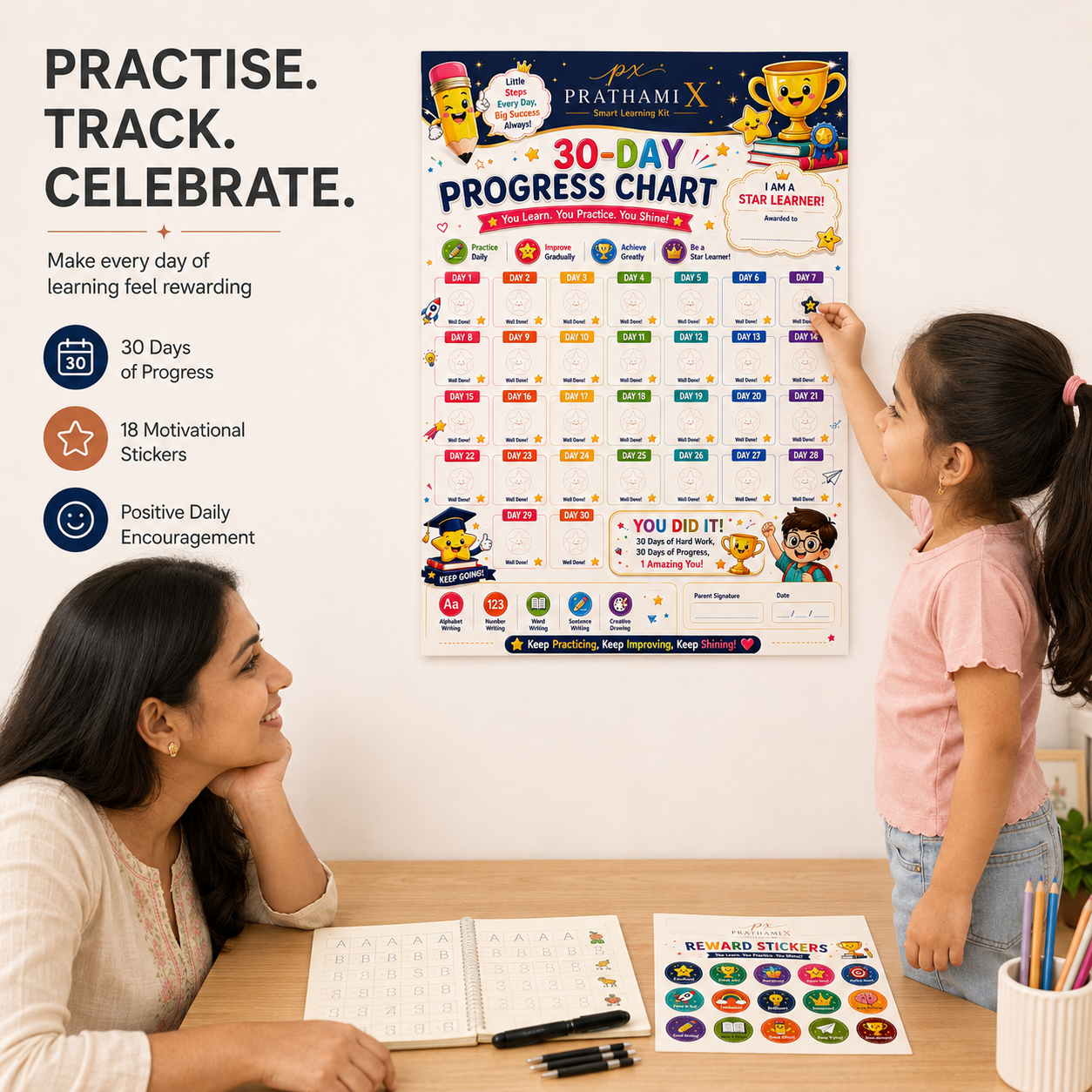 Kids Learning Experience Gift Kit – Reusable Magic Practice Copybook with Pens, Progress Chart & Reward Stickers